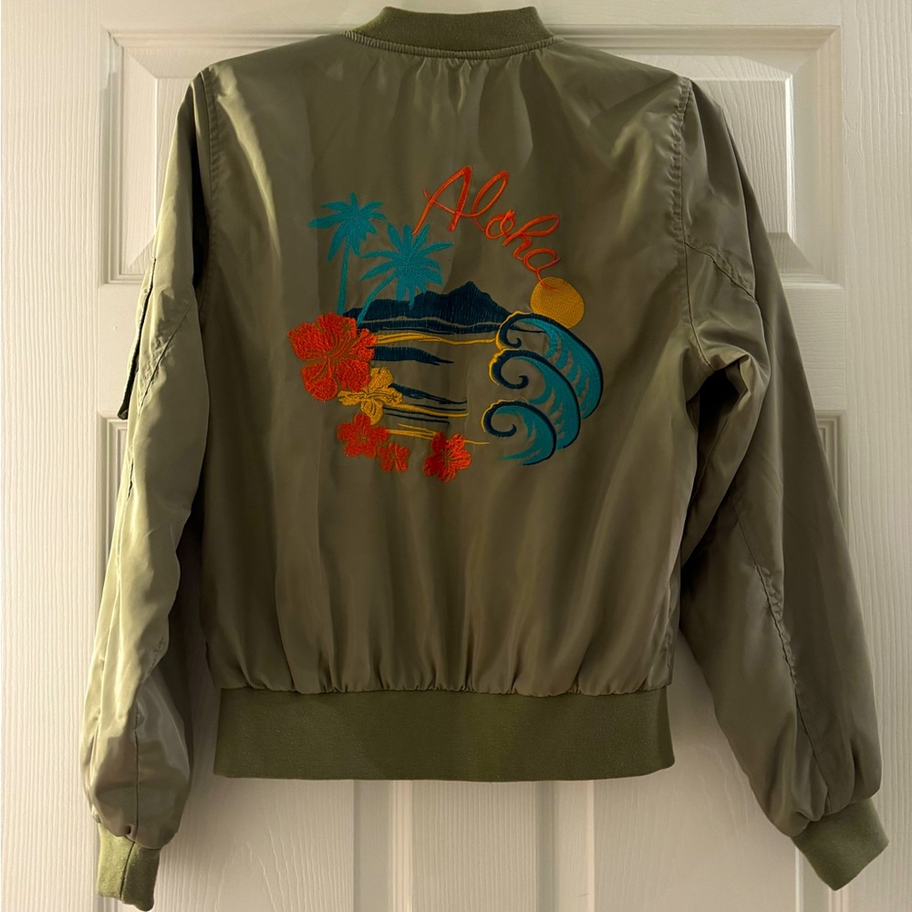 Olive Green Lovetree palm tree embroidered bomber jacket